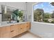 Bathroom featuring a double vanity, quartz countertops, modern fixtures, and large windows offering backyard views at 3822 Topsfield Rd, Charlotte, NC 28211