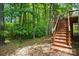 Exterior backyard landscape with deck and stairs surrounded by lush trees at 4612 Saxonbury Way, Charlotte, NC 28269