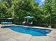 Serene backyard pool area with stylish seating, umbrellas, and lush trees, offering a tranquil escape at 5005 Hedgebrook Ln, Waxhaw, NC 28173