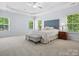Spacious main bedroom with tray ceiling, large windows, and neutral carpet at 5005 Hedgebrook Ln, Waxhaw, NC 28173