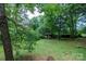 Scenic backyard view with mature trees, open green space, and a charming shed at 661 Blackwelder Rd, Statesville, NC 28625