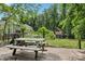 Backyard featuring a wooden deck with a picnic table, a fenced yard, and mature trees at 719 Dawn Cir, Charlotte, NC 28213