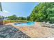 Inviting in-ground pool featuring a brick surround, complemented by lounge chairs for relaxation, and bordered with mature trees at 8698 Rocky River Rd, Harrisburg, NC 28075