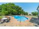 Inviting backyard pool with clear blue water and ample seating surrounded by brick pavers at 8698 Rocky River Rd, Harrisburg, NC 28075