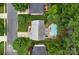Overhead aerial view of a private residence with a pool, patio, and landscaped grounds surrounded by lush greenery at 11917 Ulsten Ln, Huntersville, NC 28078