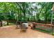Spacious back deck surrounded by mature trees, offering a relaxing and private outdoor space at 9901 Pallisers Ter, Charlotte, NC 28210