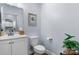 Cozy powder room with a white vanity, toilet, decorative art, and elegant fixtures at 1067 33Rd Avenue Ne Loop, Hickory, NC 28601
