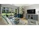 Bright living room with sliding glass doors to the patio, wood-look floors, and stylish furnishings at 2533 Stockbridge Dr, Charlotte, NC 28210