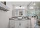 Modern bathroom featuring gray countertops, white cabinetry, vessel sink and a glass enclosed shower at 420 S Cedar St, Lincolnton, NC 28092