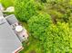 Aerial view of backyard with patio set, lush landscaping, and the home's roof at 539 Turquoise Way, Fort Mill, SC 29708