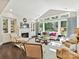 Bright living room featuring a fireplace, built-in shelving, and large windows with backyard views at 705 Vintage Creek Dr, Matthews, NC 28104