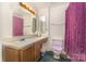 This bathroom features a sink, a toilet behind a purple shower curtain, and a large mirror at 7304 Pebblestone Dr, Charlotte, NC 28212