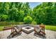 Backyard patio showcases a cozy fire pit with stone surround and Adirondack chairs, framed by lush landscaping at 7930 Kelburn Ln, Charlotte, NC 28273