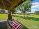 Scenic backyard view from a swing, showcasing lush greenery and a peaceful pond at 714 Helms Efird Rd, Marshville, NC 28103