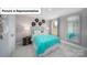 A bedroom with gray walls, a large mirror, and a bed with an aqua comforter at 7184 Sylvan Retreat Dr, Denver, NC 28037
