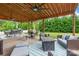A well-equipped covered patio with multiple seating areas, grills, and ceiling fans at 85017 Newloch Ct, Lancaster, SC 29720