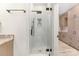 Modern shower with glass door, rainfall showerhead, and built-in niche at 102 Antioch Plantation Dr # 18, Matthews, NC 28104