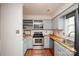 Charming kitchen with light blue cabinets, stainless steel appliances, and butcher block countertops at 10945 Winterbourne Ct, Charlotte, NC 28277