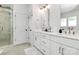 Contemporary bathroom featuring double vanity sinks, white cabinets, and glass shower at 2600 Palm Ave, Charlotte, NC 28205