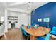 Modern dining room showcases sleek wooden table, vibrant blue chairs and a stylish blue accent wall at 2600 Palm Ave, Charlotte, NC 28205