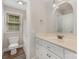 This bathroom offers a single sink vanity and toilet with natural light from the window at 6655 Maple Spring Ct, Denver, NC 28037