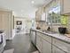 Open kitchen with granite counters, tiled backsplash, stainless steel appliances, and gray cabinetry at 1505 Wimbleton Woods Dr # 5, Fort Mill, SC 29708