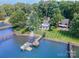 Panoramic aerial view of a lakeside property with a boat dock, lush lawn, and tranquil surroundings at 4586 Doctor Dr, Catawba, NC 28609