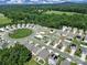 Overhead shot showcasing a neighborhood with a central park, green spaces, manicured lawns, and surrounding greenery at 461 Misty Law Ln, Clover, SC 29710