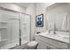 Clean bathroom with a walk-in shower and a vanity with storage, artwork on the wall at 461 Misty Law Ln, Clover, SC 29710