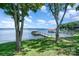 Scenic view of a dock and boat lifts on a peaceful lake framed by trees and green lawn at 5114 Leisure Ln, Sherrills Ford, NC 28673