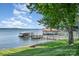 Beautiful view of docks and boat lifts on a calm lake with green grass at 5114 Leisure Ln, Sherrills Ford, NC 28673