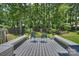 Relaxing backyard deck with built-in benches and serene views of the lush, wooded backyard at 6409 Ilex Ct, Charlotte, NC 28211