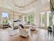 Luxurious main bedroom featuring tray ceilings, a canopy bed, sitting area, and large windows at 735 Davidson Run Ln, Davidson, NC 28036