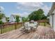 Enjoy outdoor dining on this backyard deck with a dining table and a view of the green lawn and fenced yard at 9623 Duxford Ln, Charlotte, NC 28269