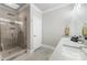 A stylish bathroom with a glass-enclosed shower and a modern vanity with double sinks at 2108 Bryant Park Dr, Charlotte, NC 28208