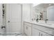 Bright bathroom featuring a double vanity with white cabinets, white quartz countertops, and a large mirror at 2116A Glenwood St, Kannapolis, NC 28083