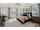 Bright bedroom boasts tray ceilings, neutral carpet, and large windows with forest views at 2529 Mabel Ln, Monroe, NC 28110