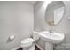 Neutral powder room with pedestal sink, decorative mirror, and wood-look floors at 1012 Kings Bottom Dr, Fort Mill, SC 29715