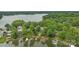 Aerial view featuring a lakefront property with mature trees, a pool, and private dock at 1111 Palmyra Dr, Fort Mill, SC 29708