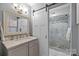 Stylist bathroom with updated marble vanity and walk-in shower at 1111 Palmyra Dr, Fort Mill, SC 29708