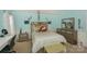 Bright bedroom with aqua walls, a decorative headboard, and tasteful decorations and accessories at 166 Glenn Allen Rd, Mooresville, NC 28115