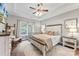 A stylish bedroom features neutral color palette, tray ceiling, hardwood floors and plenty of natural light at 1730 Eden Glen Dr, Dallas, NC 28034