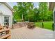 Outdoor deck with built-in grill, dining set, and a view of the expansive backyard at 3500 Maple Wood Dr, Denver, NC 28037