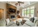 The living room features a stone fireplace, built in bookcases, and large windows at 3500 Maple Wood Dr, Denver, NC 28037