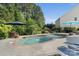 Backyard features a private pool with lush landscaping, umbrellas, and lounge chairs at 4500 Carrington Dr, Lancaster, SC 29720