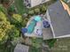 A high angle view captures a private pool surrounded by a garden, patio, and lounge furniture at 4500 Carrington Dr, Lancaster, SC 29720
