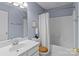 Bathroom showcasing a toilet, bathtub with shower, and a vanity with a sink and mirror at 5305 Waverly Lynn Ln # 4A, Charlotte, NC 28269