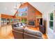 Open living room featuring vaulted ceiling, brick fireplace, and a wall of windows at 6350 Mount Pleasant S Rd, Concord, NC 28025