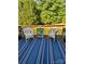 Cozy outdoor deck with chairs, art, and a striped rug, surrounded by lush greenery at 1743 Silver Stream Dr, Rock Hill, SC 29730