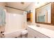 Bathroom with tub and shower combo, toilet, and vanity with mirror at 1957 8Th Street Se Ln, Hickory, NC 28602
